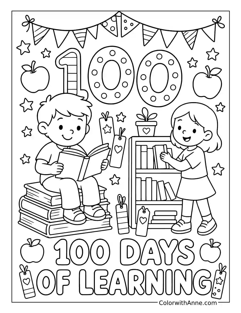 100 Days of Learning Reading Celebration coloring page