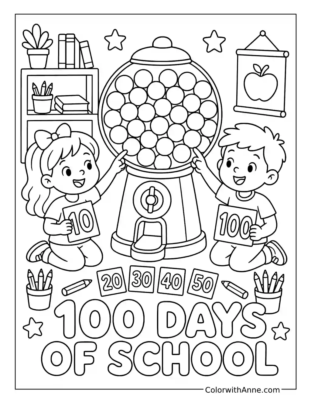 100 Days of School Gumball Machine coloring page