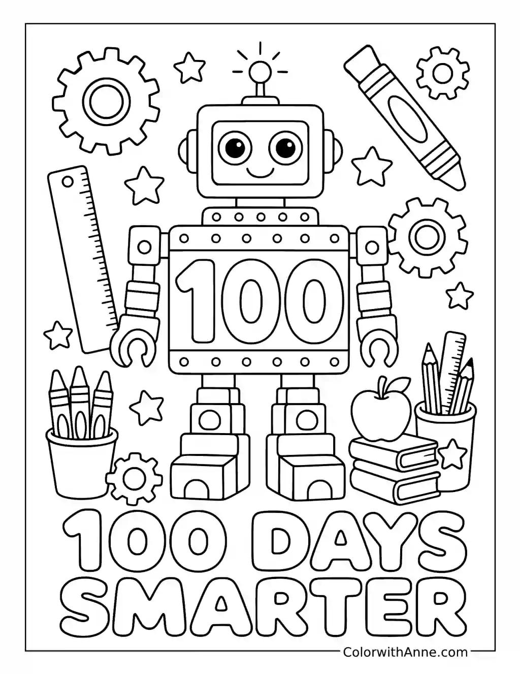 100 Days Smarter School Supply Robot coloring page