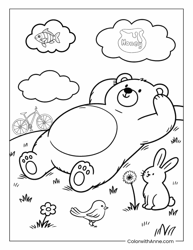 Fluffy Bear Lying on a Sunny Hill Coloring Page