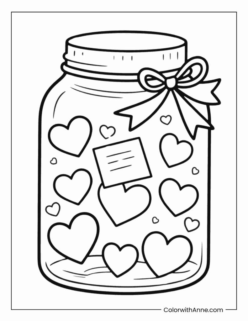 A Jar of Hearts Valentine’s Day Coloring Page for Kids