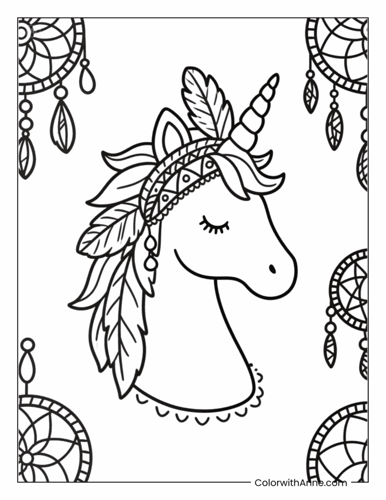 A Unicorn Adorned with a Feathered Headdress Coloring Page