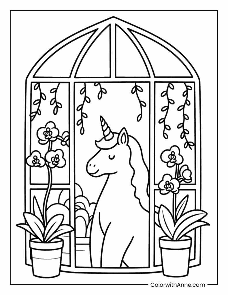 A Unicorn Inside a Glass Greenhouse Coloring Page