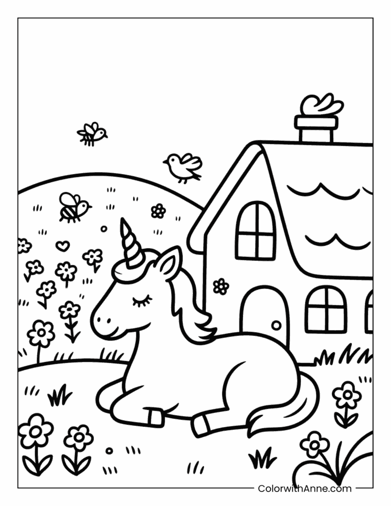 A Unicorn Resting Near a Cottage Coloring Page