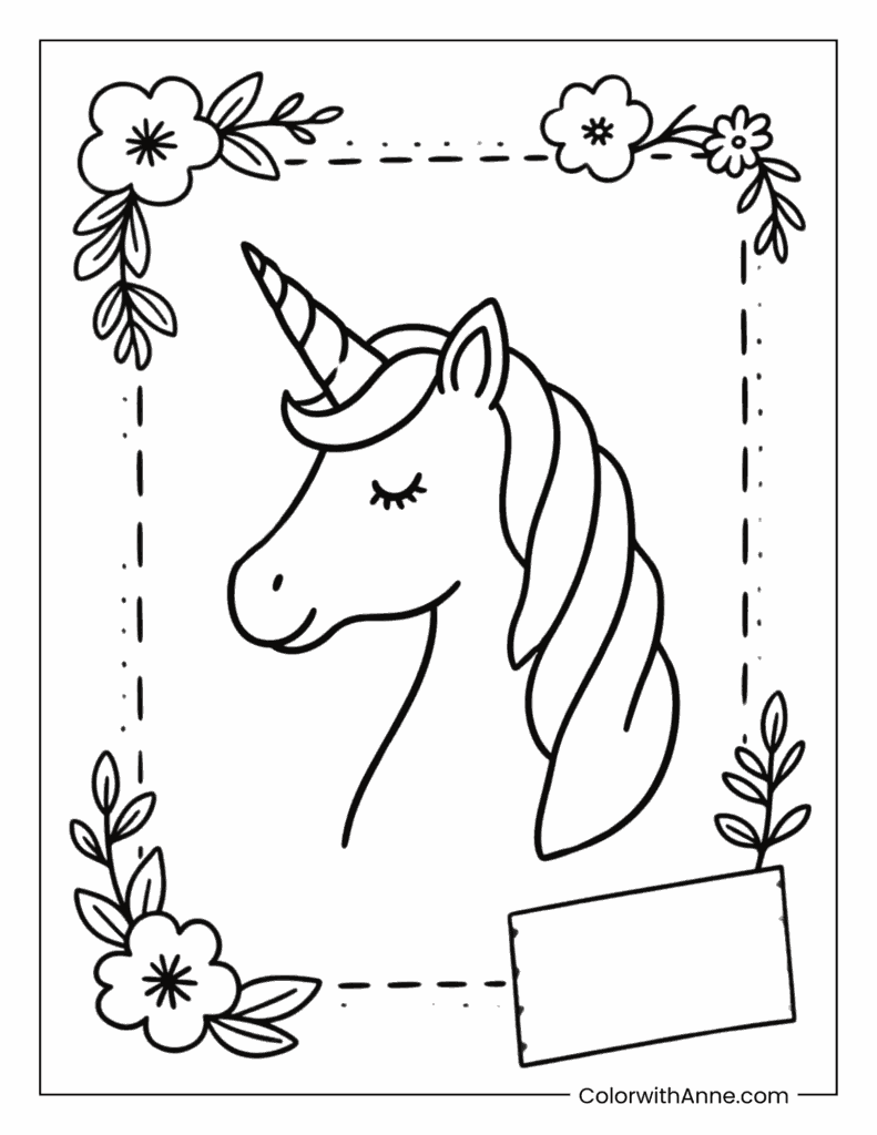A Unicorn with Vintage Postcard Frames Coloring Page