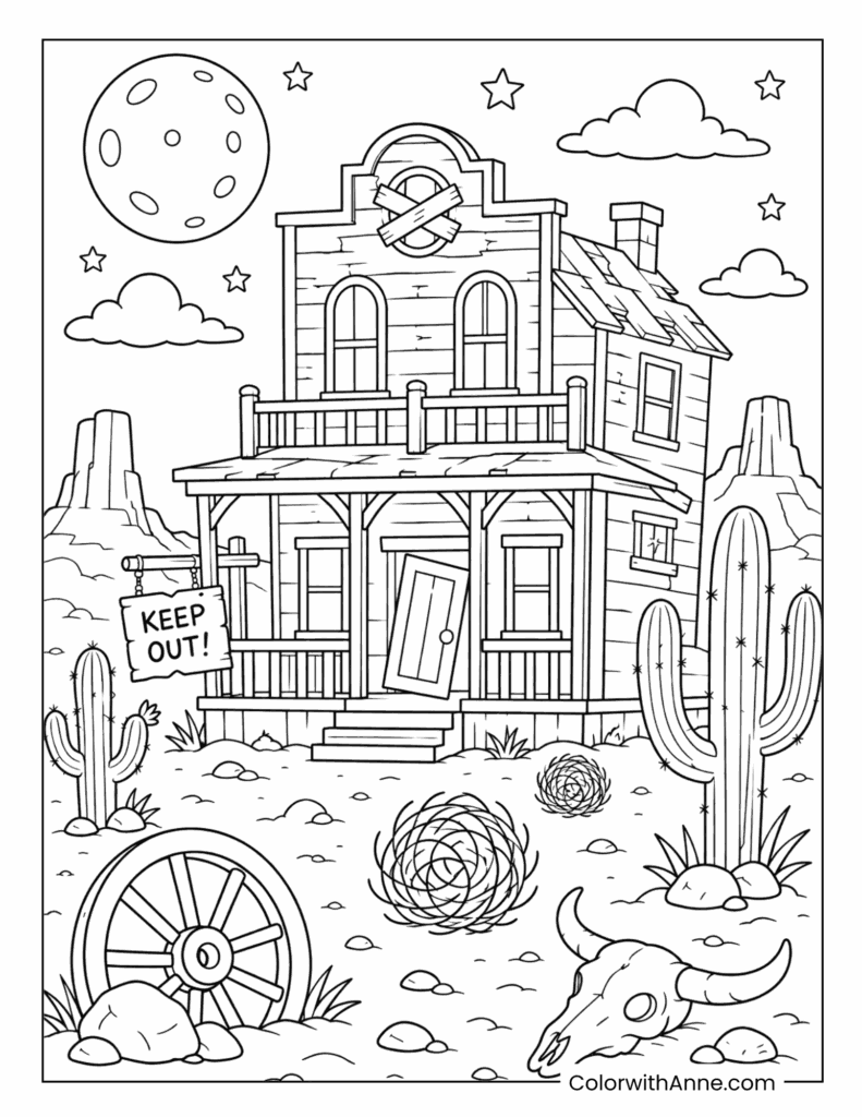 Abandoned Wild West Haunted House in the Desert Coloring Page