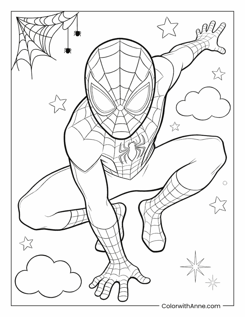 Action-Packed Miles Morales with Giant Spider Web Coloring Page