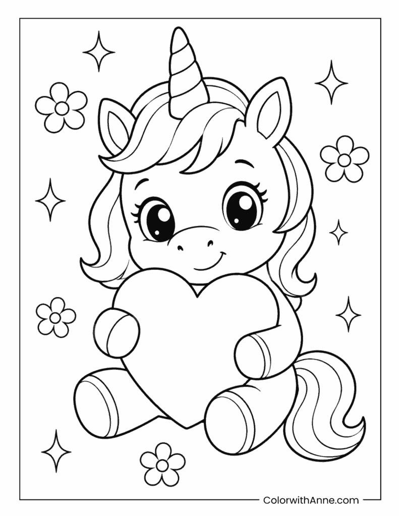 Adorable Baby Unicorn Hugging a Giant Heart Coloring Page