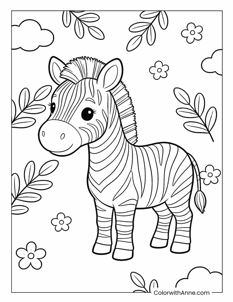 Adorable Baby Zebra with Leaf and Flower Decor Coloring Page