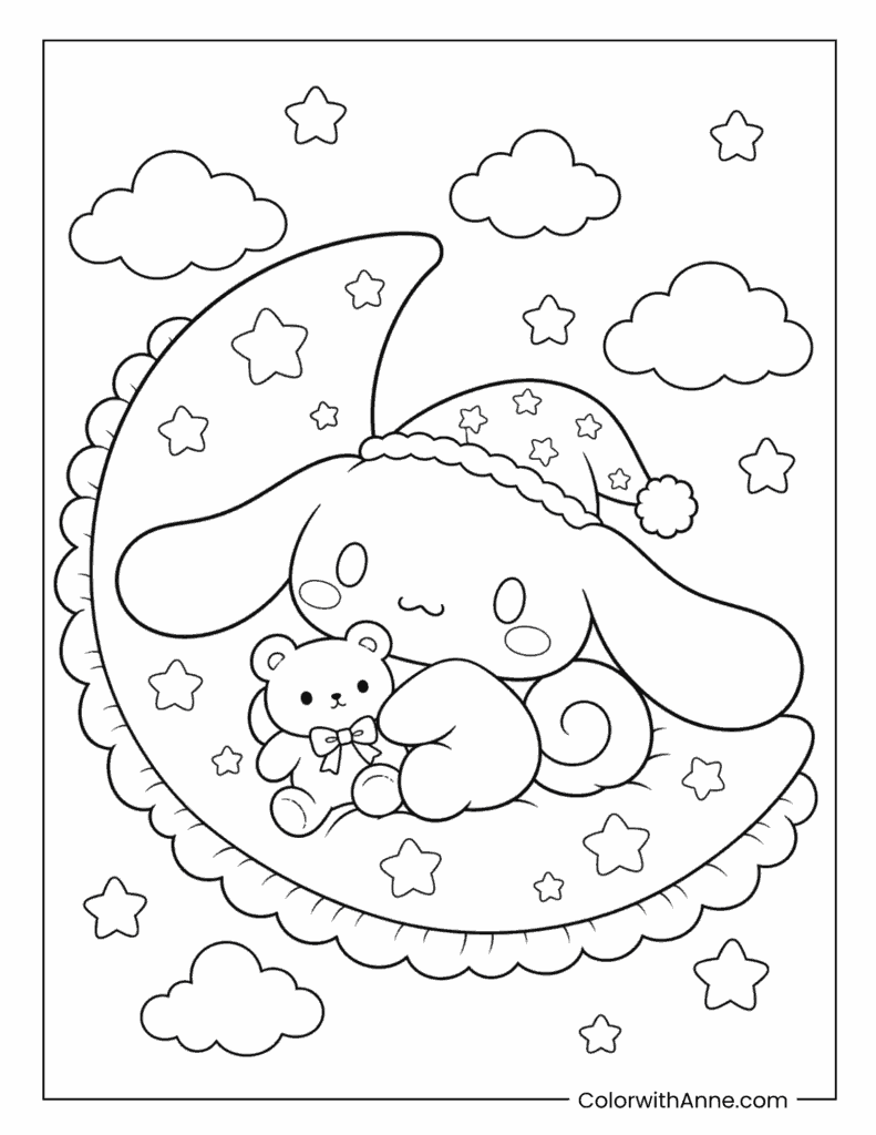 Adorable Cinnamoroll’s Cozy Moonlight Cuddle with a Teddy Bear
