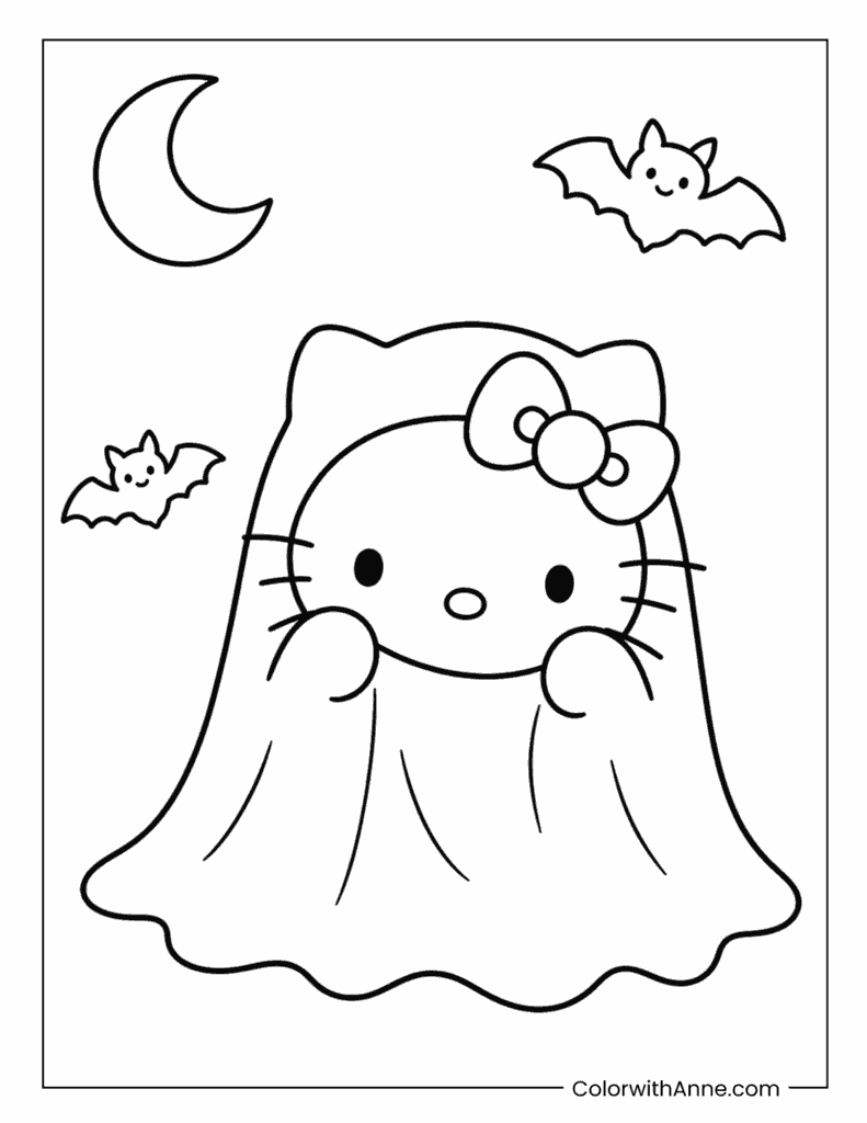Adorable Hello Kitty Ghost with Bats Coloring Page for Kids