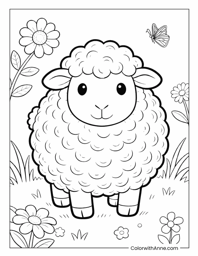 Adorable Sheep with Flower Garden and Butterfly Coloring Page