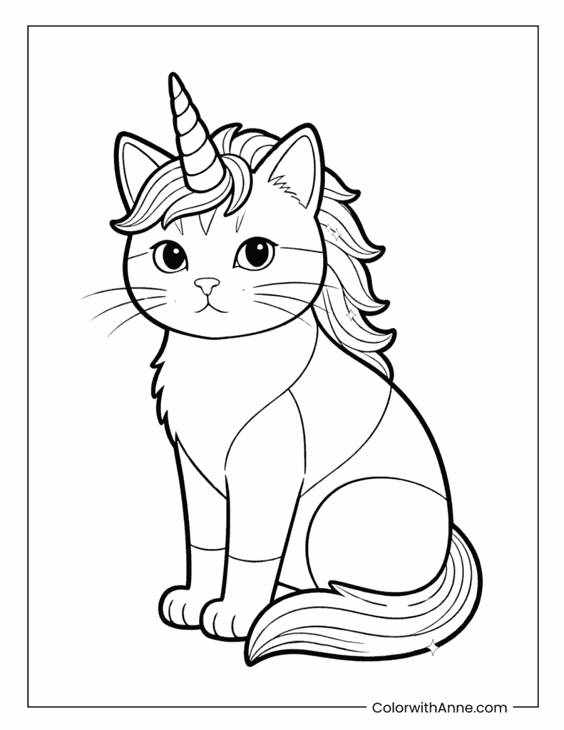 Adorable Unicorn Cat Sitting with Flowing Mane Coloring Page