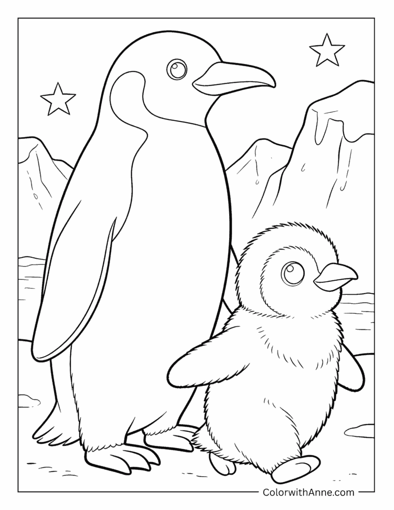 Adult and Baby Penguin with Icebergs Coloring Page