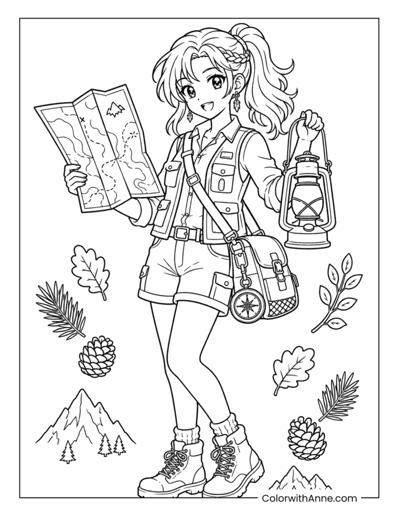 Adventure Explorer Anime Girl Coloring Page
