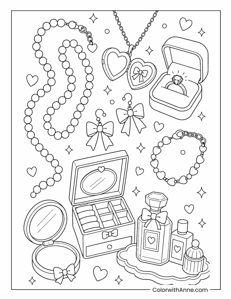 Aesthetic Jewelry Box Coloring Sheet with Hearts & Bows