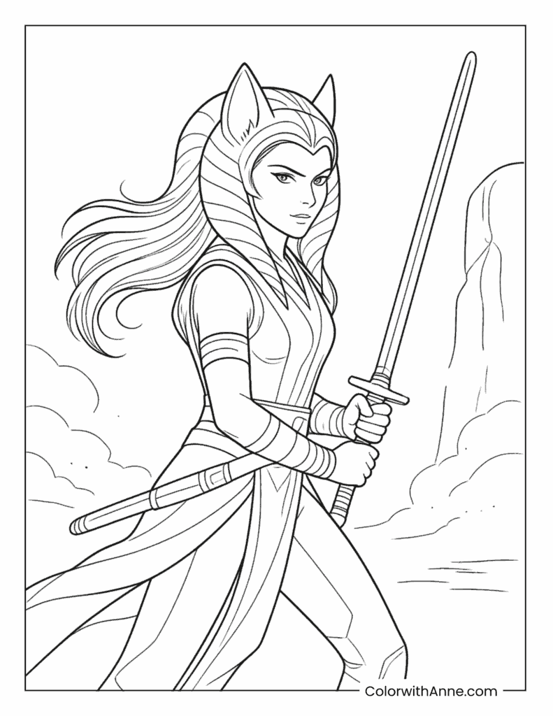 Ahsoka Tano with Dual Lightsabers Coloring Page