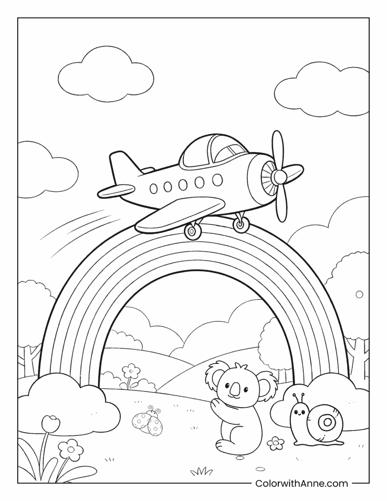 Airplane Flying Over a Rainbow Coloring Page