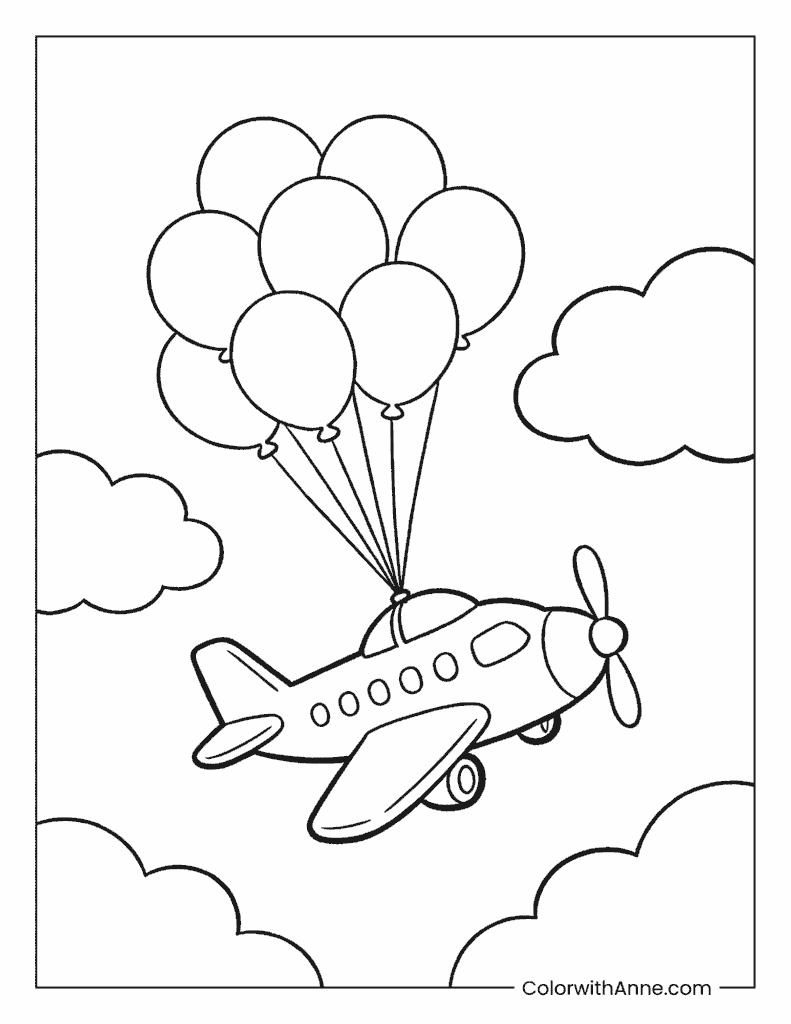 Airplane Pulled by Balloons in the Sky Coloring Page