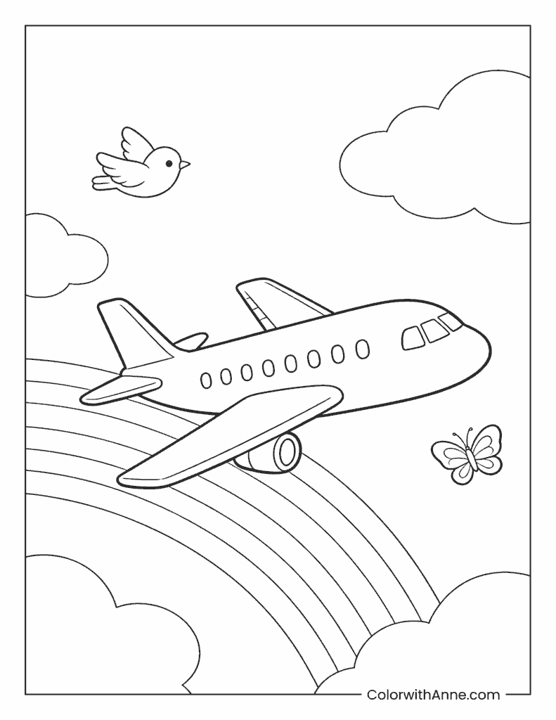 Airplane Under a Rainbow Coloring Page