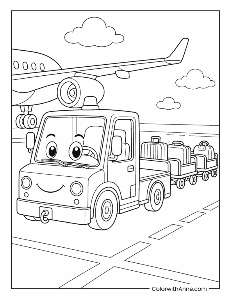 Airport Baggage Tug Truck With Luggage Carts By Airplane Coloring Page