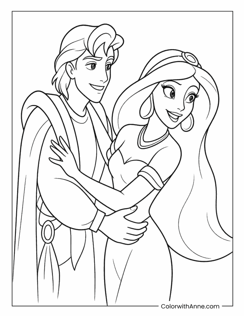 Aladdin And Jasmine Embracing Together Coloring Page