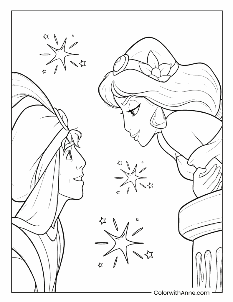 Aladdin And Jasmine Facing Each Other Coloring Page