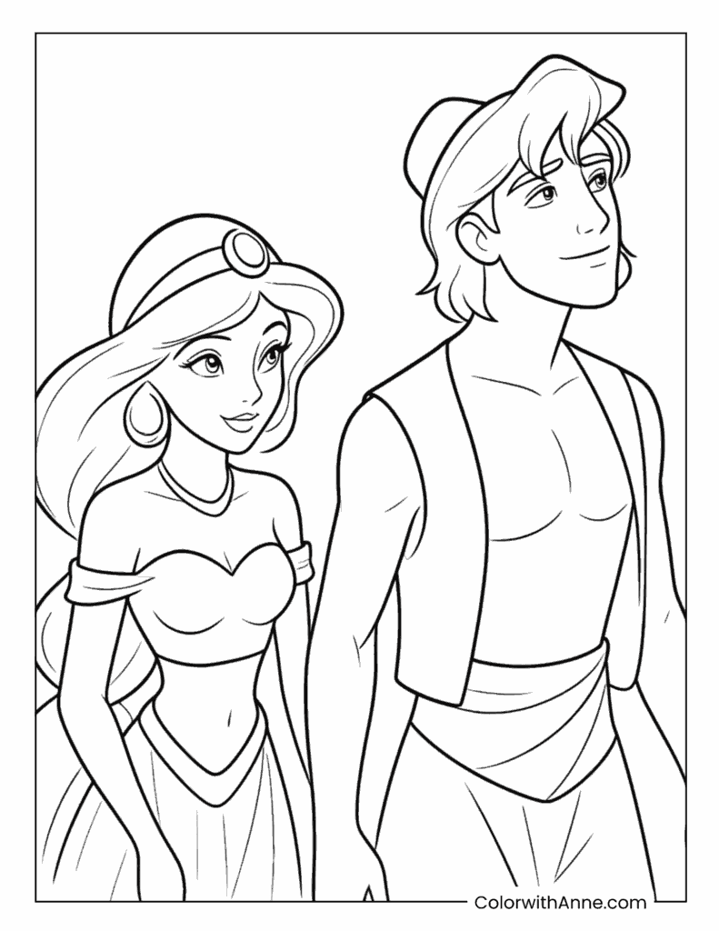 Aladdin And Jasmine Standing Together Coloring Page