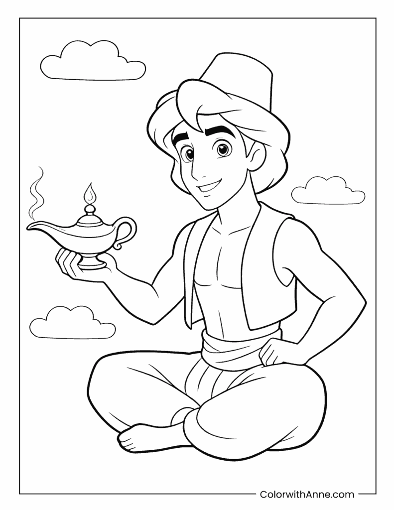 Aladdin Holding the Magic Lamp Coloring Page