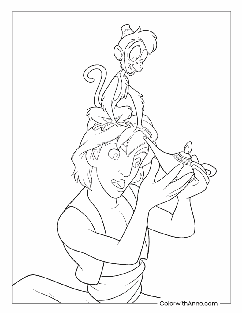 Aladdin Riding Magic Carpet With Abu Coloring Page