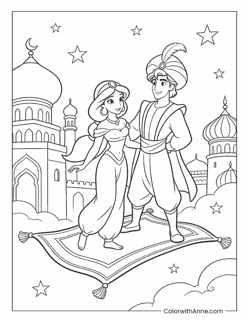 Aladdin and Jasmine on a Magic Carpet with Castle Coloring Page