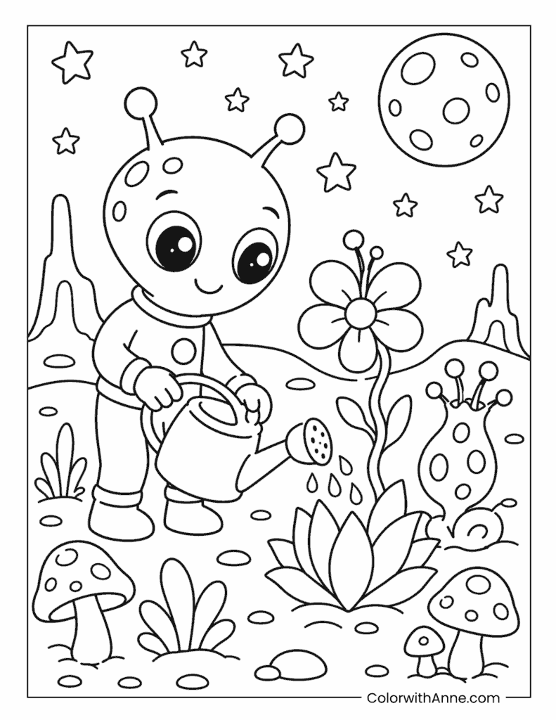 Alien Gardener Watering Magical Space Plants Coloring Page