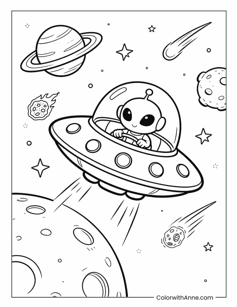 Alien Piloting a Flying Saucer Coloring Page