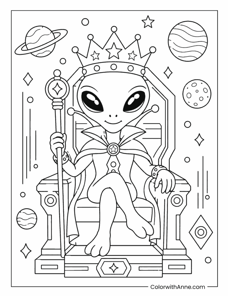 Alien Queen Sitting on a Galactic Throne Coloring Page