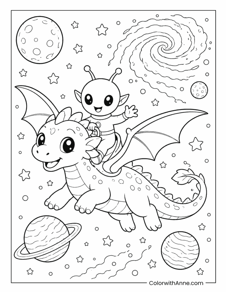 Alien Riding a Flying Dragon Through Space Coloring Page