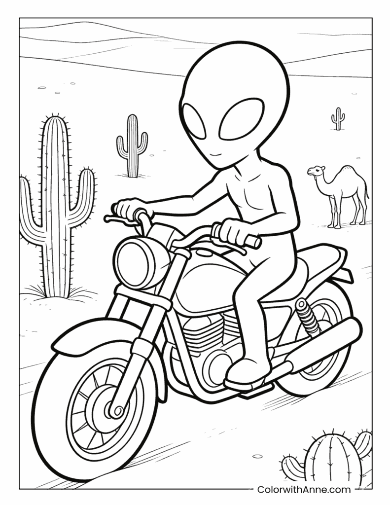 Alien Riding a Motorcycle in the Desert Coloring Page