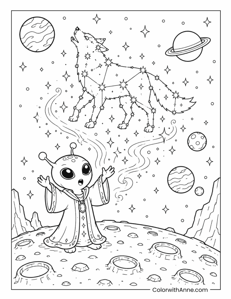 Alien Wizard Summoning a Wolf Constellation Coloring Page