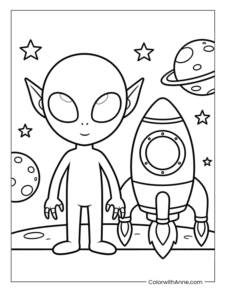 Alien and a Rocket in Space Coloring Page