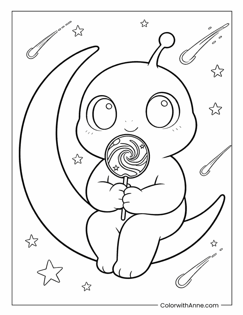 Alien on a Crescent Moon with Lollipop Coloring Page