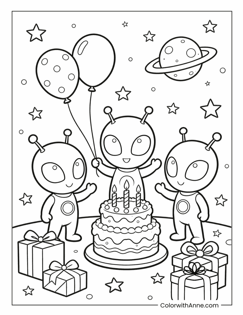 Aliens at a Birthday Party with Cake and Gifts Coloring Page