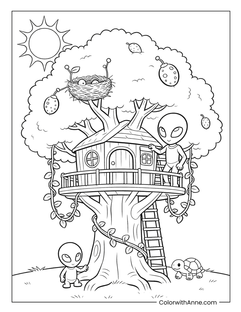 Aliens in a Treehouse Coloring Page