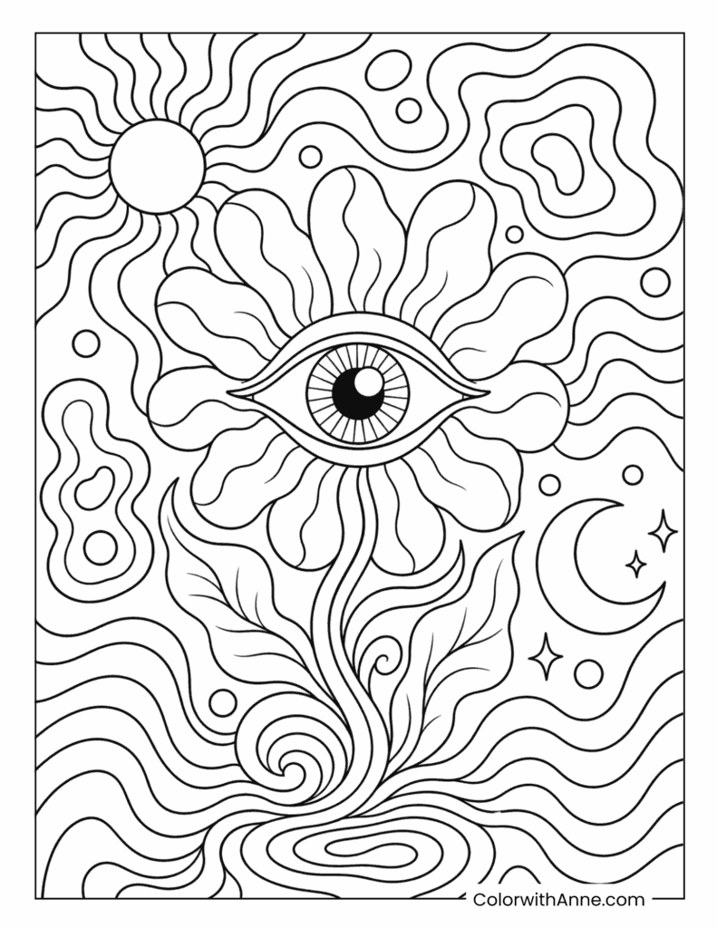 All-Seeing Flower In Swirl Sky Trippy Coloring Page