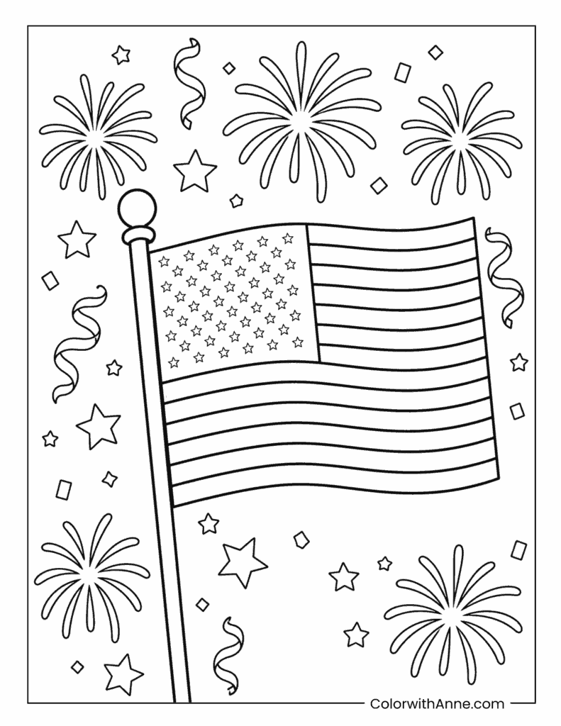 American Flag and Fireworks 4th of July Coloring Page