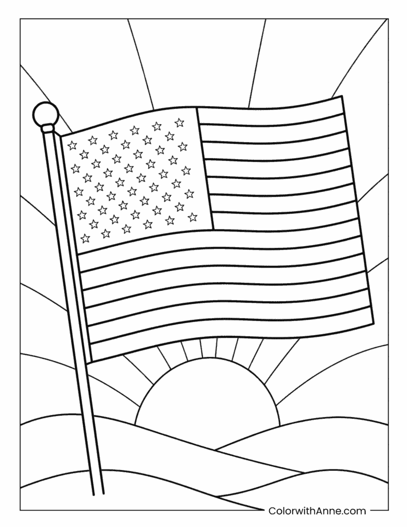 American Flag at Sunrise Patriotic Coloring Page