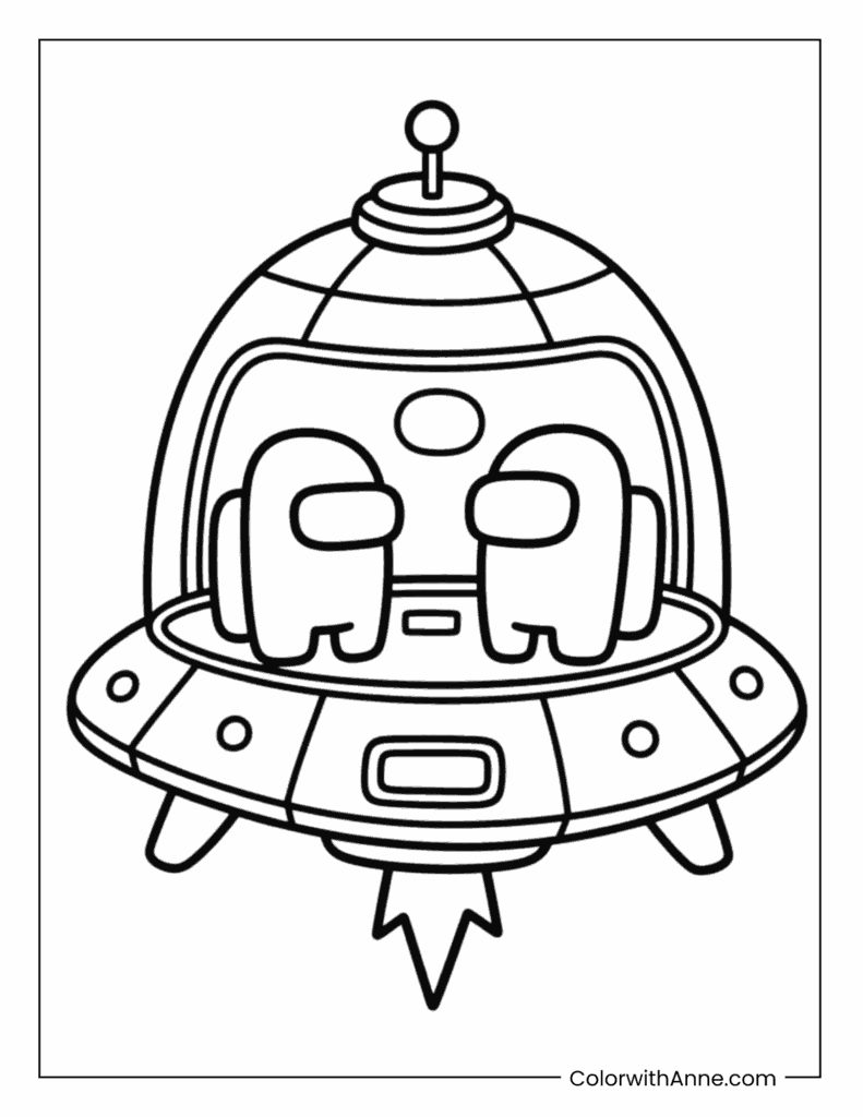 Among Us Crewmates in a Tiny Spaceship Coloring Page