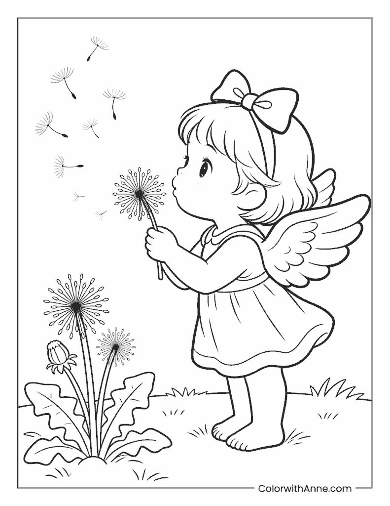 Angel Blowing a Dandelion Flower Coloring Page