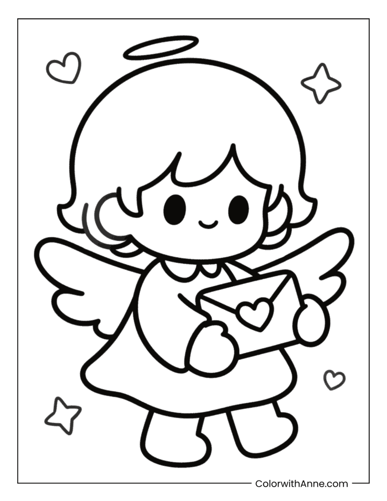 Angel Delivering Valentine Envelopes Coloring Page