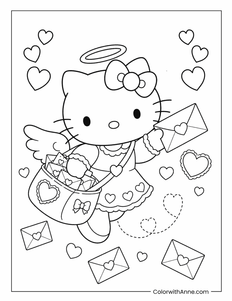 Angel Hello Kitty Delivering Valentine's Day Letters Coloring Page