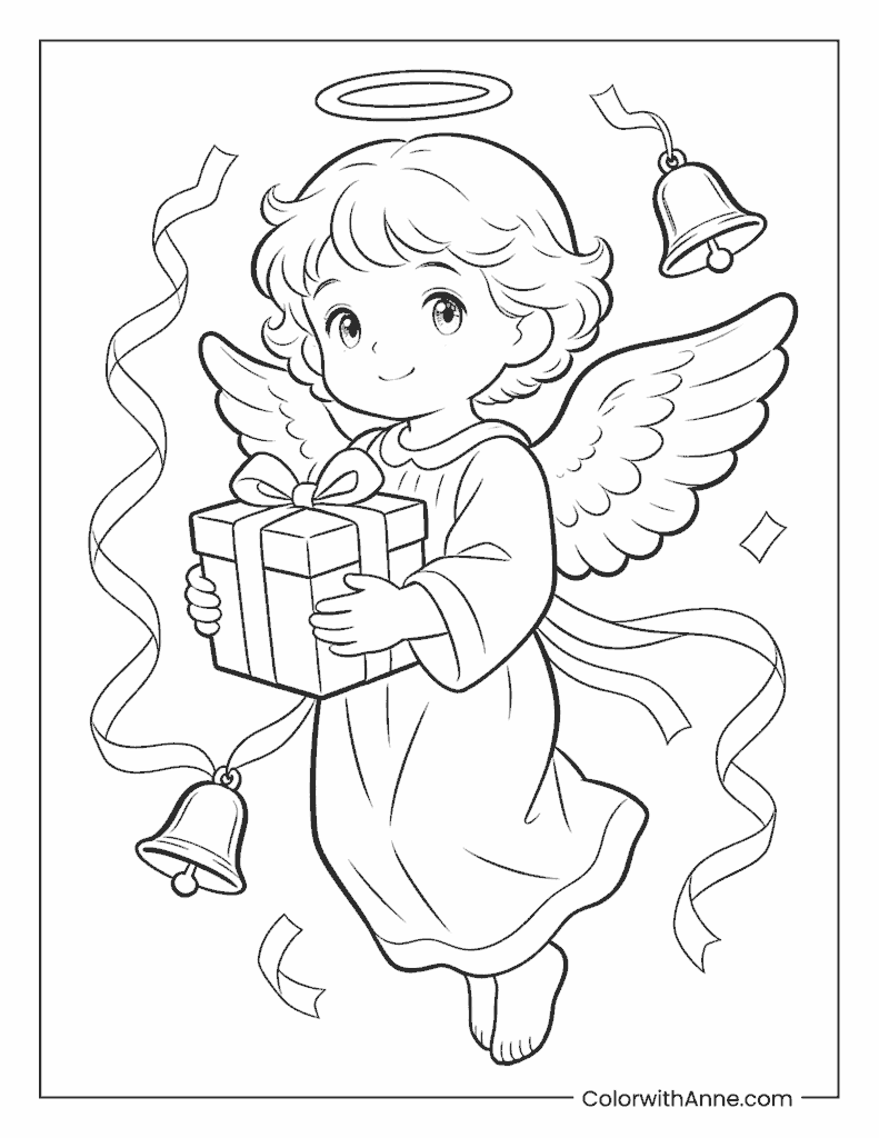 Angel Holding a Gift Box with Ribbons and Bells Coloring Page