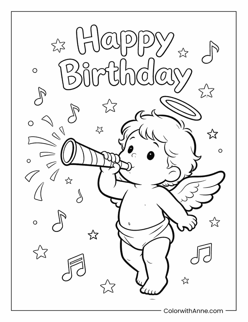 Angel Playing Trumpet Happy Birthday Coloring Page